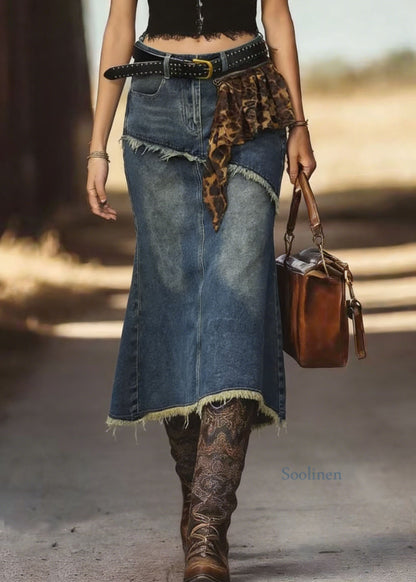 New Blue Fringed Fish Tail Denim Skirt Spring