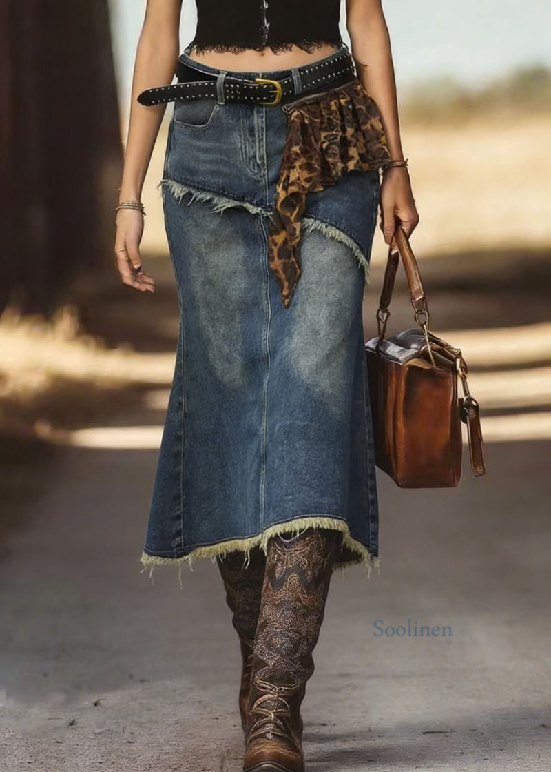 New Blue Fringed Fish Tail Denim Skirt Spring