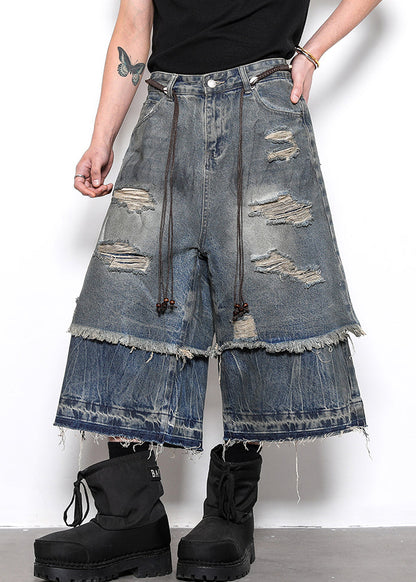 New Blue Hole False Two Pieces Patchwork Denim Crop Pants Summer