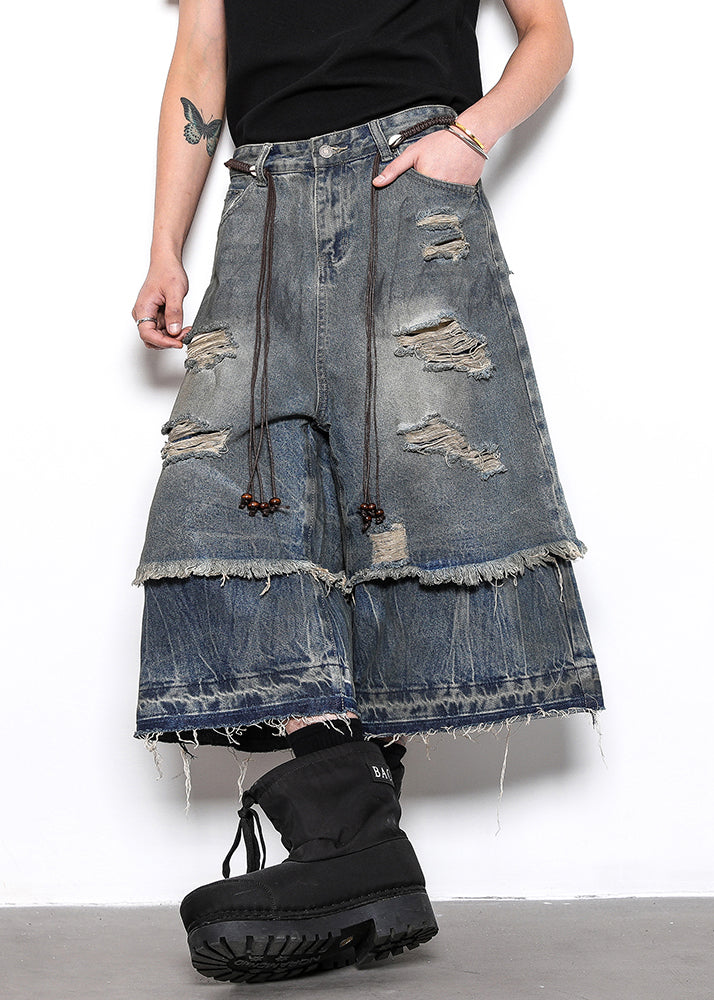 New Blue Hole False Two Pieces Patchwork Denim Crop Pants Summer