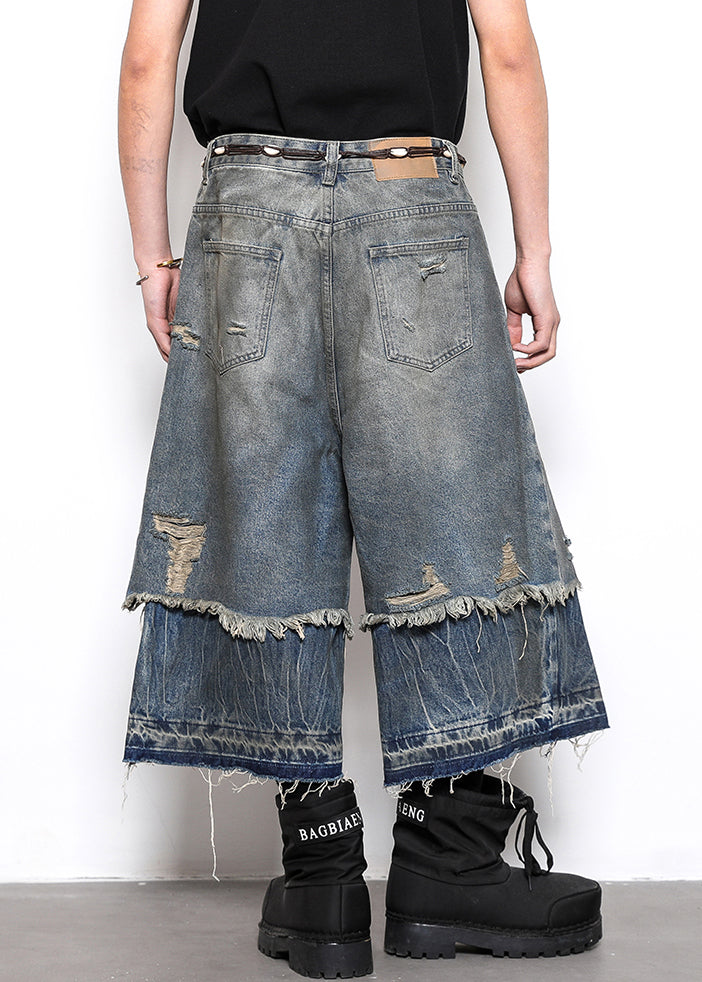 New Blue Hole False Two Pieces Patchwork Denim Crop Pants Summer