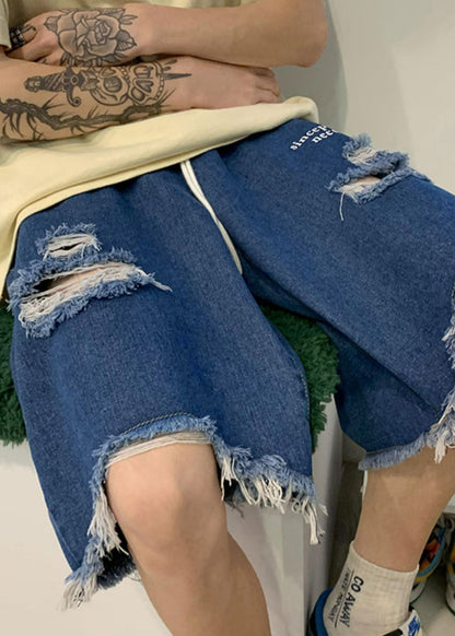 New Blue Hole Pockets Denim Wide Leg Shorts Summer