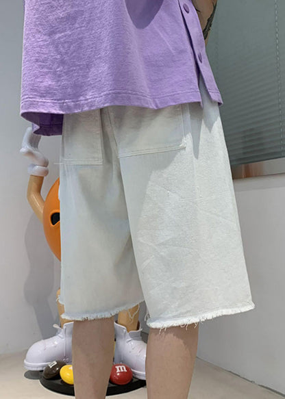 New Blue Hole Pockets Denim Wide Leg Shorts Summer