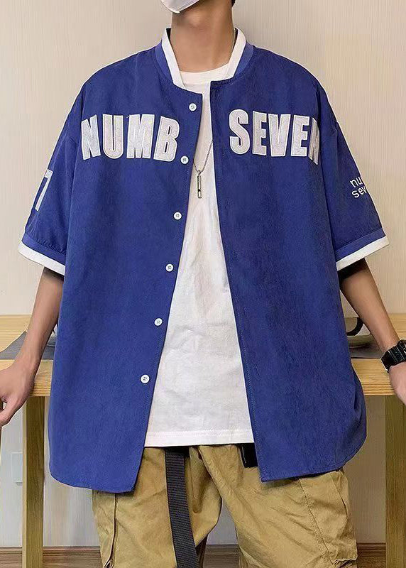 New Blue Letter Button Cotton Shirts Half Sleeve