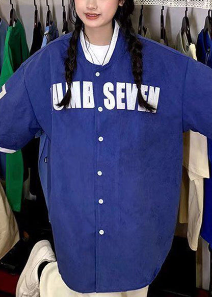 New Blue Letter Button Cotton Shirts Half Sleeve