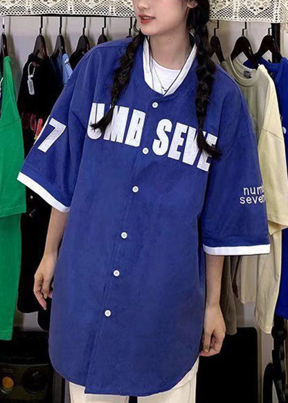 New Blue Letter Button Cotton Shirts Half Sleeve