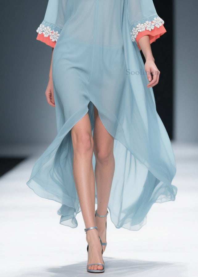 New Blue Low High Design Patchwork Chiffon Dresses Bracelet Sleeve