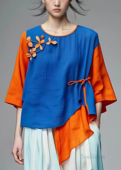 New Blue O-neck Asymmetrical Patchwork Cotton Top Half Sleeve