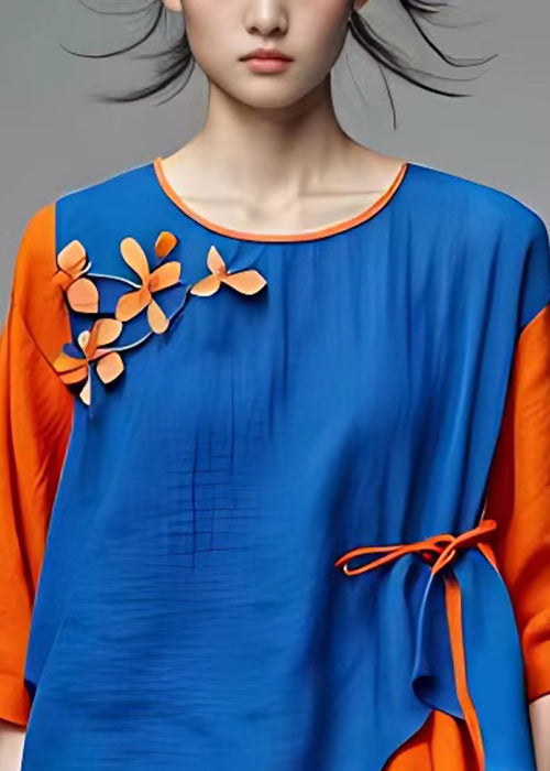 New Blue O-neck Asymmetrical Patchwork Cotton Top Half Sleeve
