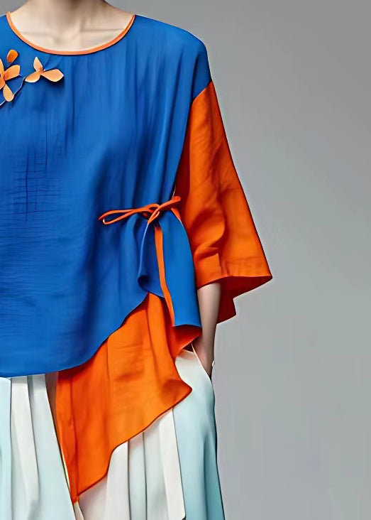 New Blue O-neck Asymmetrical Patchwork Cotton Top Half Sleeve