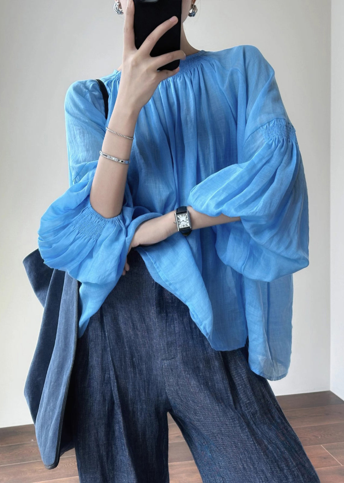 New Blue O-Neck Solid Cotton Shirt Lantern Sleeve