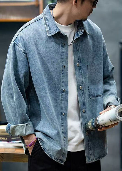 New Blue Peter Pan Collar Button Denim Men Shirt Spring