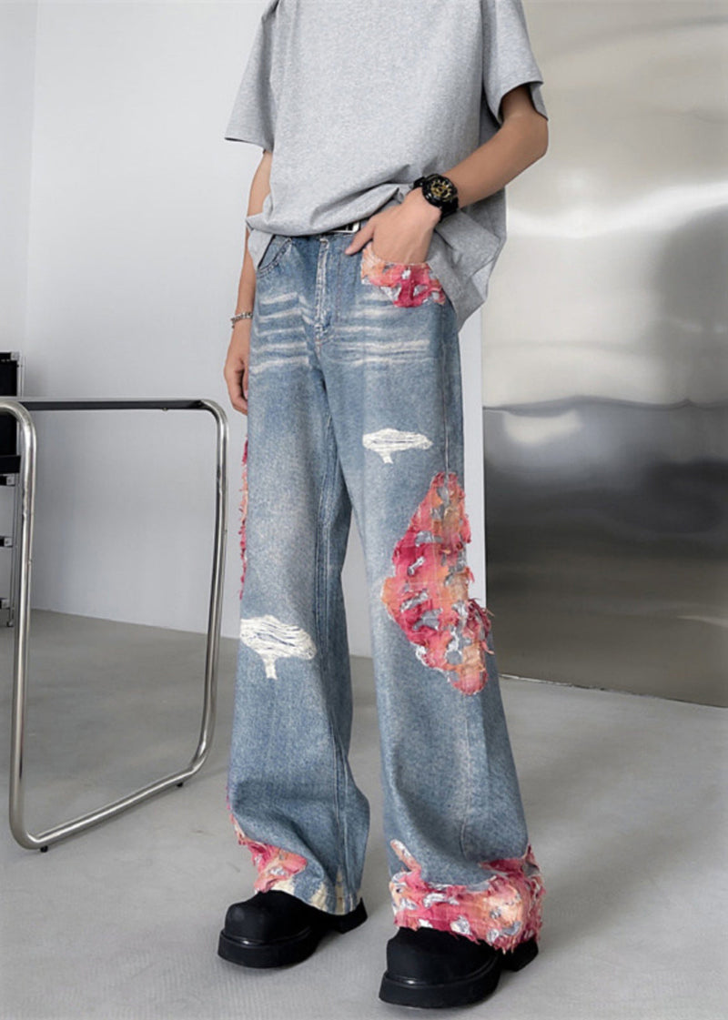 New Blue Pockets Lace Patchwork Denim Pants Fall