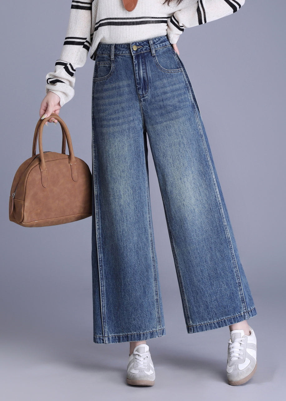 New Blue Pockets Patchwork Denim Crop Pants Spring