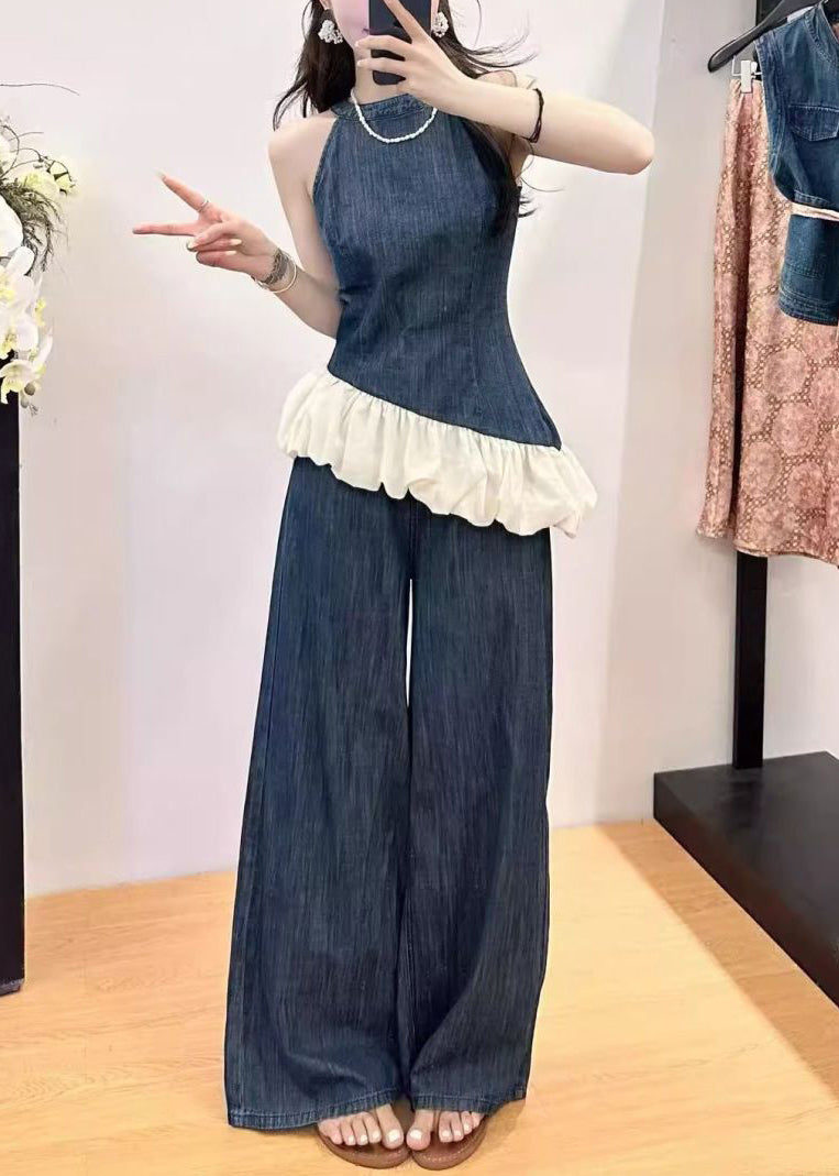 New Blue Pockets Patchwork Tops and Wide Leg Pants Denim Two Pieces Set Sleeveless