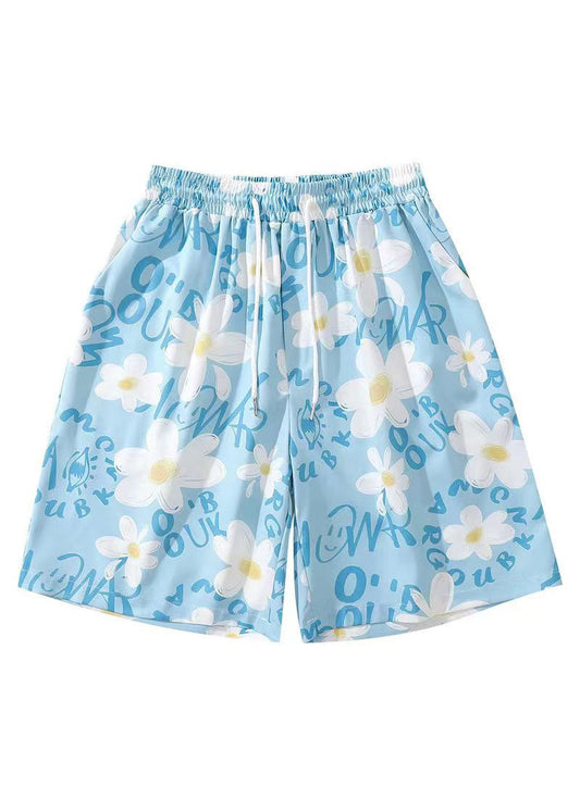 New Blue Print Elastic Waist Cotton Summer Beach Shorts