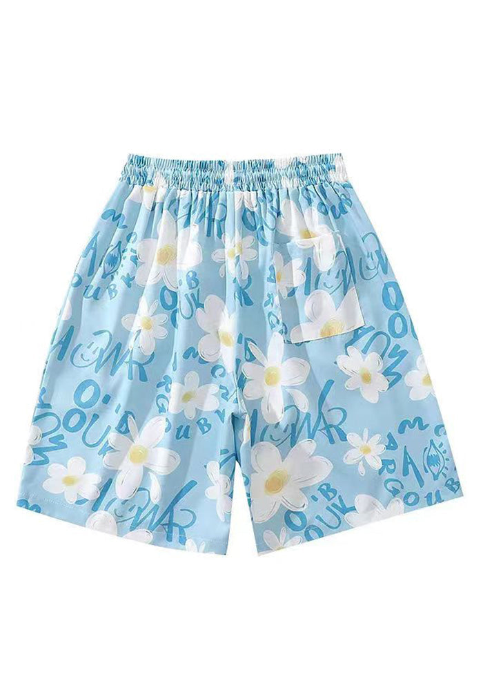 New Blue Print Elastic Waist Cotton Summer Beach Shorts