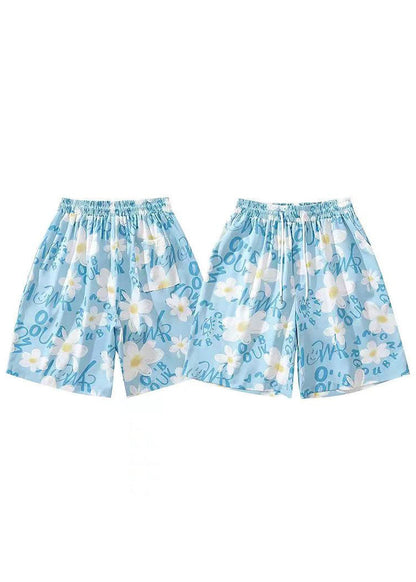 New Blue Print Elastic Waist Cotton Summer Beach Shorts