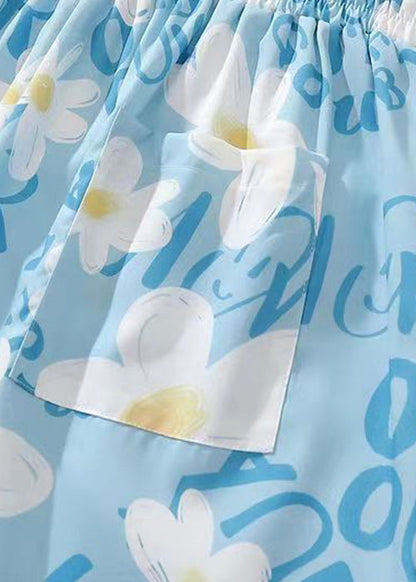 New Blue Print Elastic Waist Cotton Summer Beach Shorts