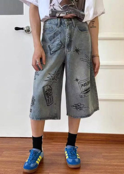 New Blue Print High Waist Denim Crop Pants Summer