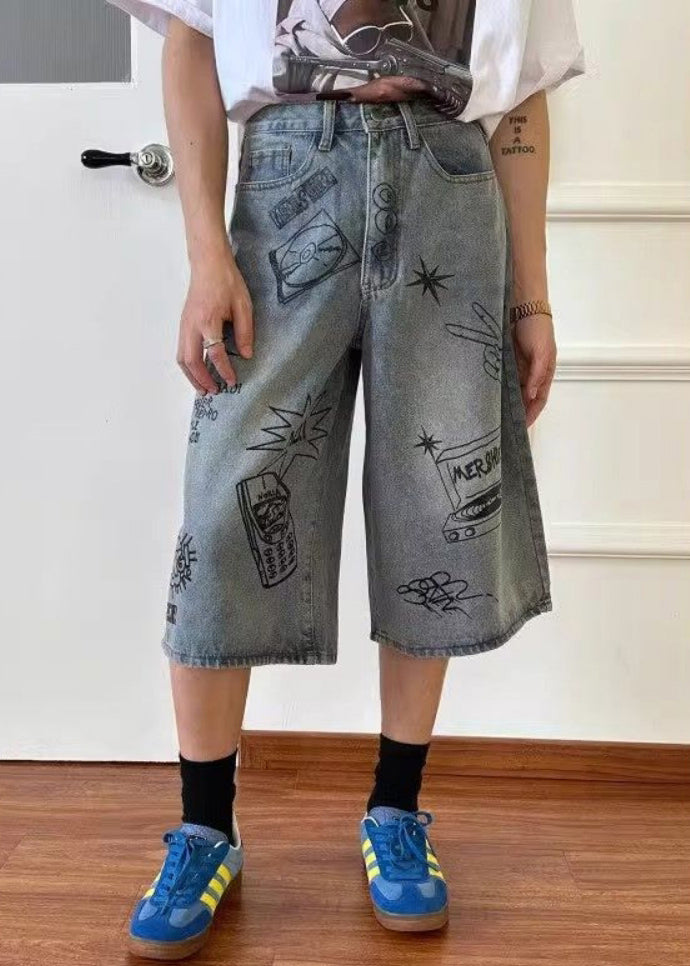 New Blue Print High Waist Denim Crop Pants Summer