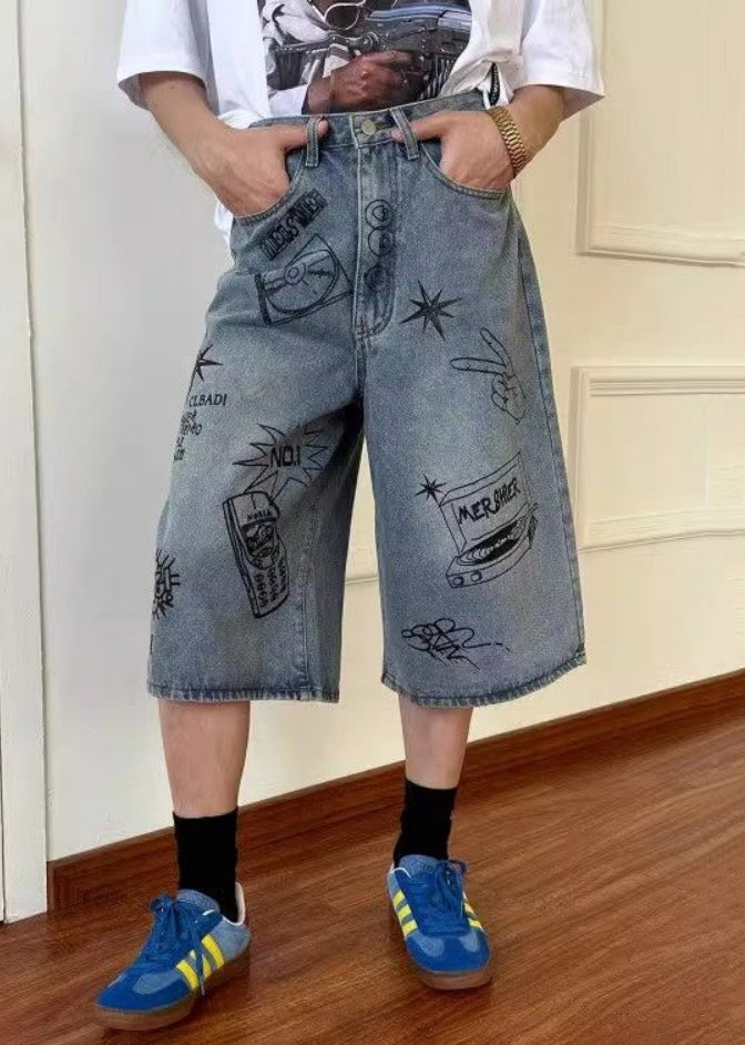 New Blue Print High Waist Denim Crop Pants Summer