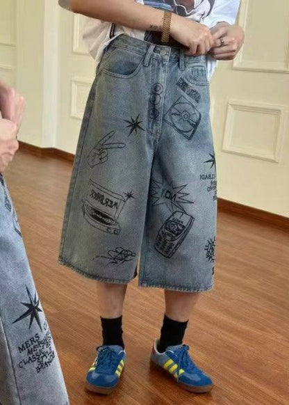 New Blue Print High Waist Denim Crop Pants Summer