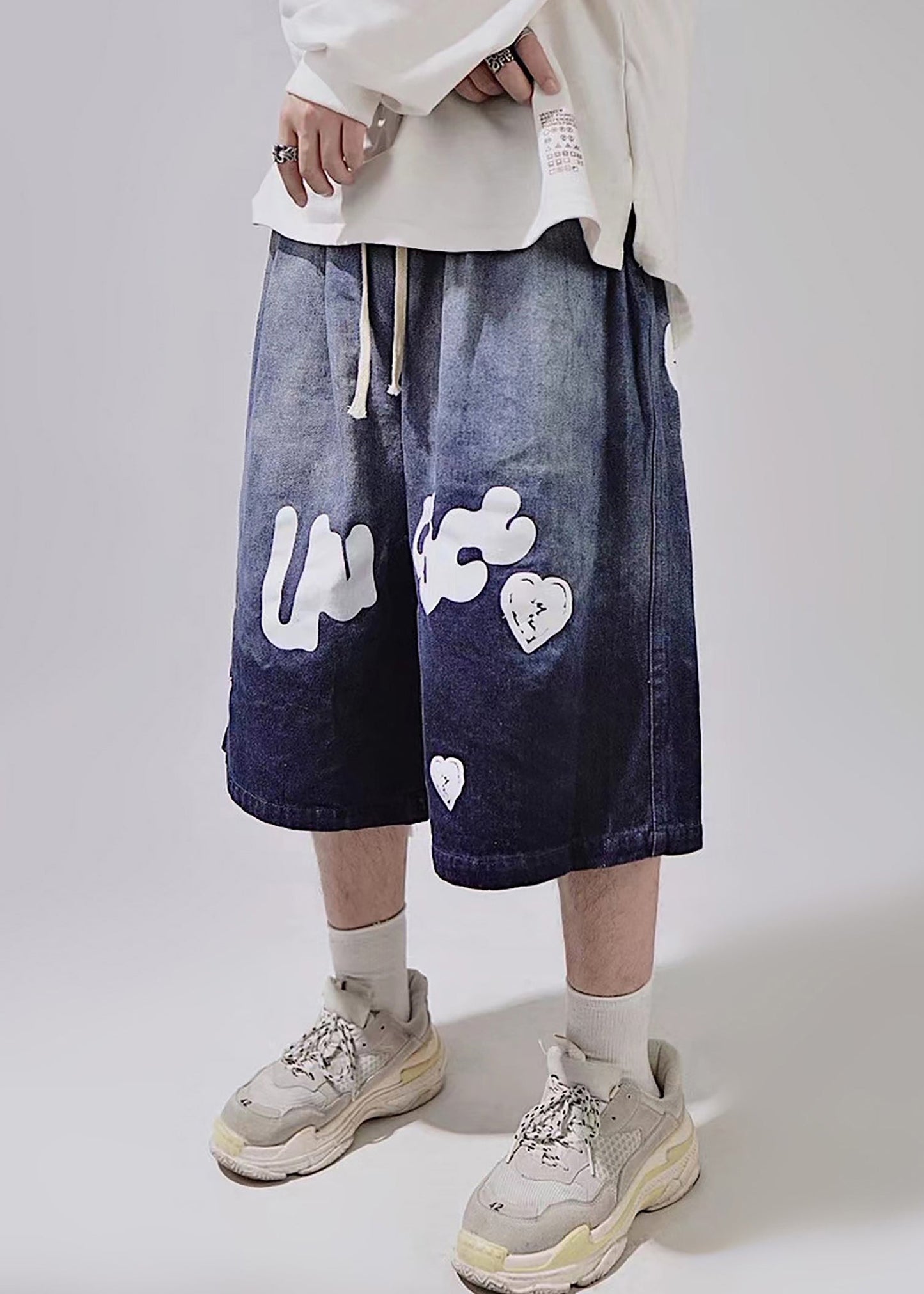 New Blue Print Lace Up Elastic Waist Shorts Summer