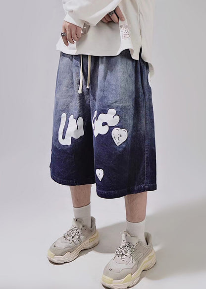 New Blue Print Lace Up Elastic Waist Shorts Summer