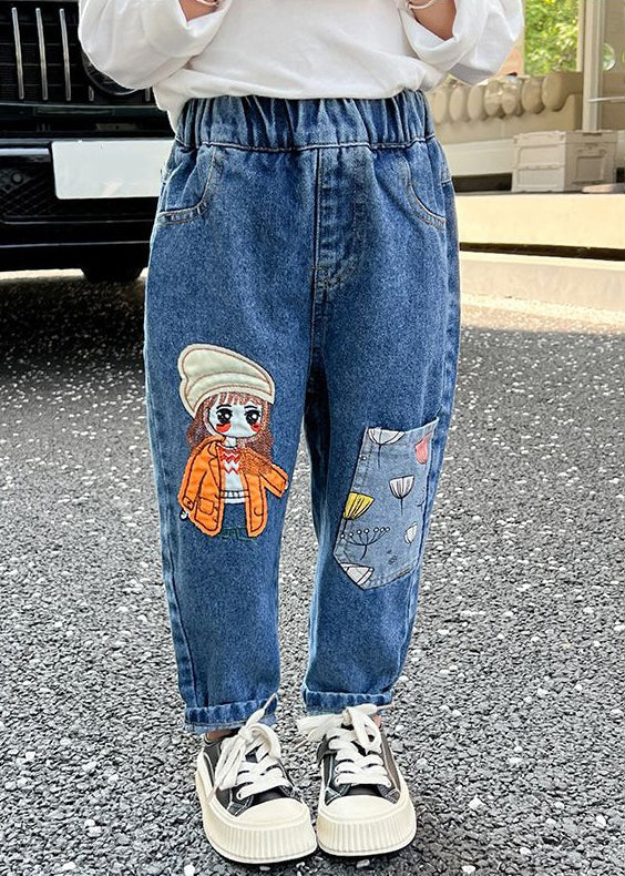 New Blue Print Pockets Elastic Waist Denim Crop Pants Spring