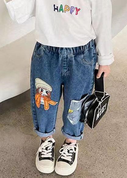New Blue Print Pockets Elastic Waist Denim Crop Pants Spring
