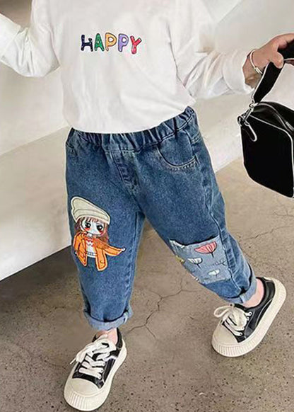 New Blue Print Pockets Elastic Waist Denim Crop Pants Spring
