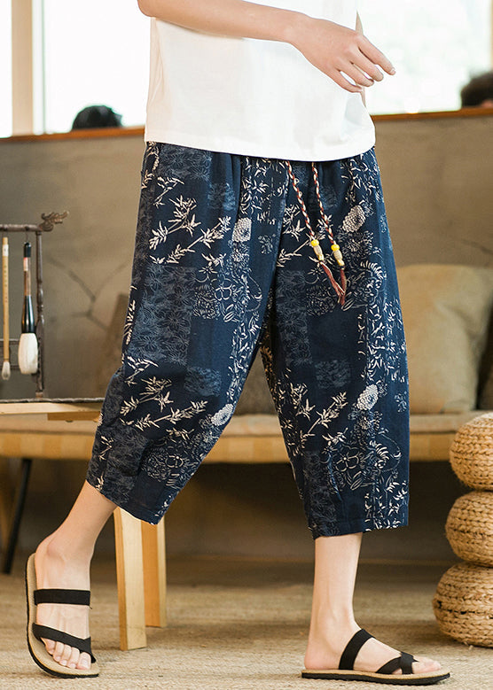 New Blue Print Pockets High Waist Cotton Crop Pants Summer