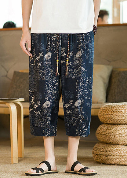 New Blue Print Pockets High Waist Cotton Crop Pants Summer