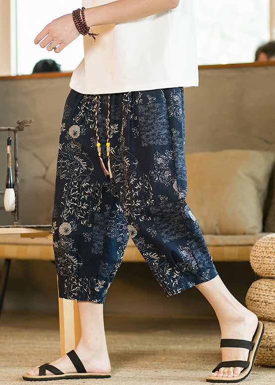 New Blue Print Pockets High Waist Cotton Crop Pants Summer