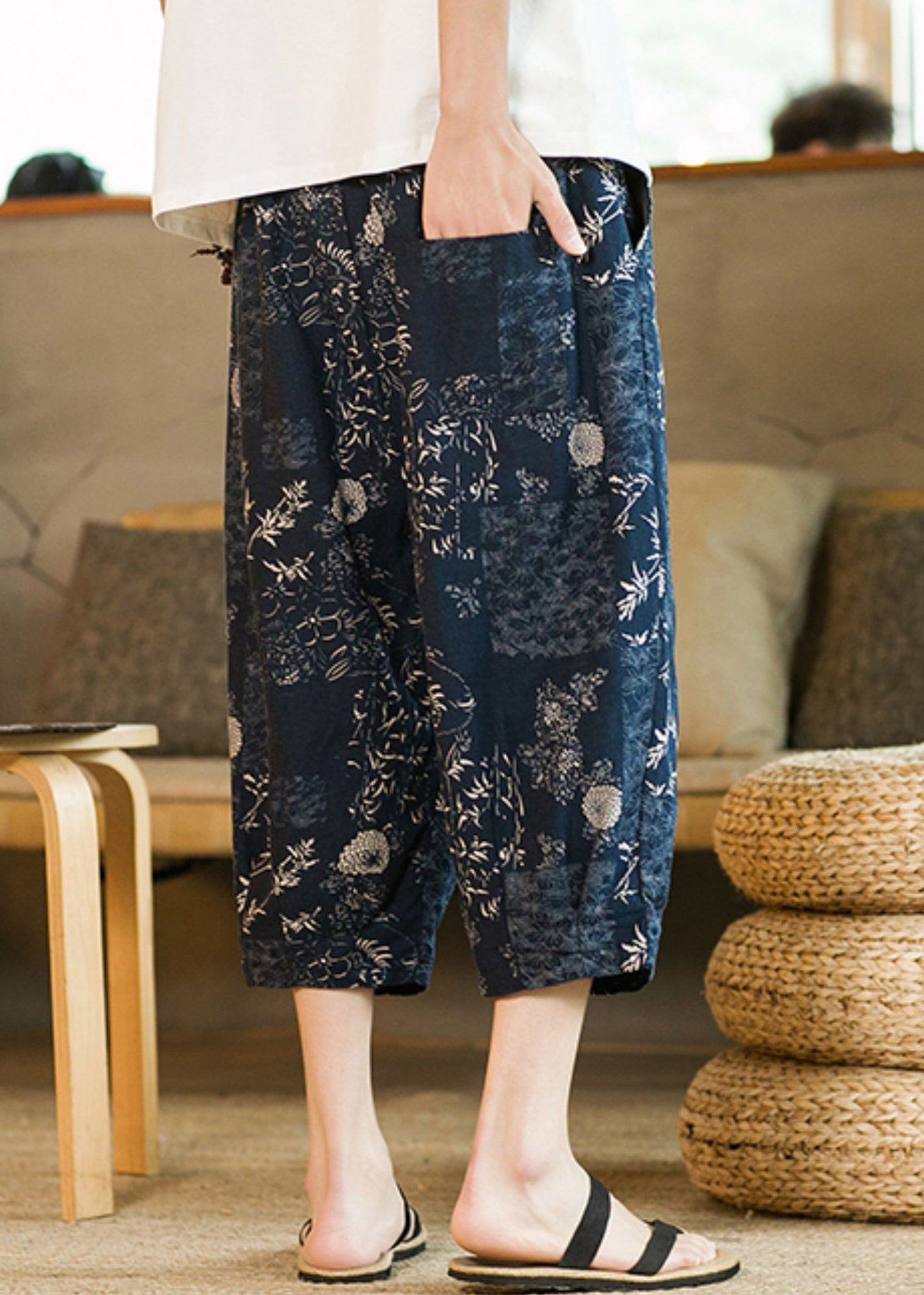 New Blue Print Pockets High Waist Cotton Crop Pants Summer