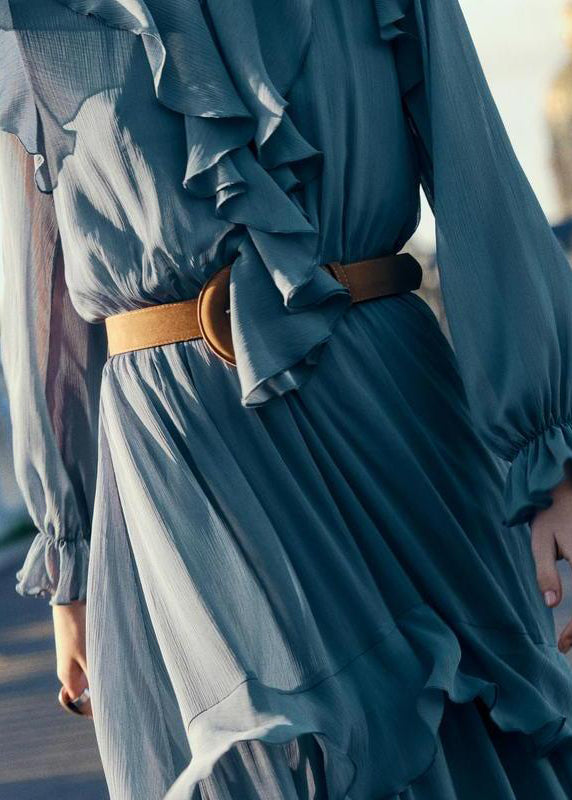 New Blue Ruffled Sashes Chiffon Long Dresses Fall