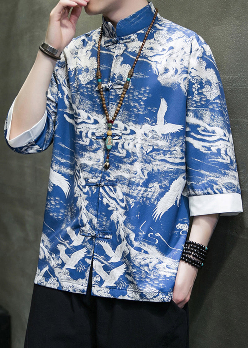New Blue Stand Collar Print Ice Silk Shirts Bracelet Sleeve