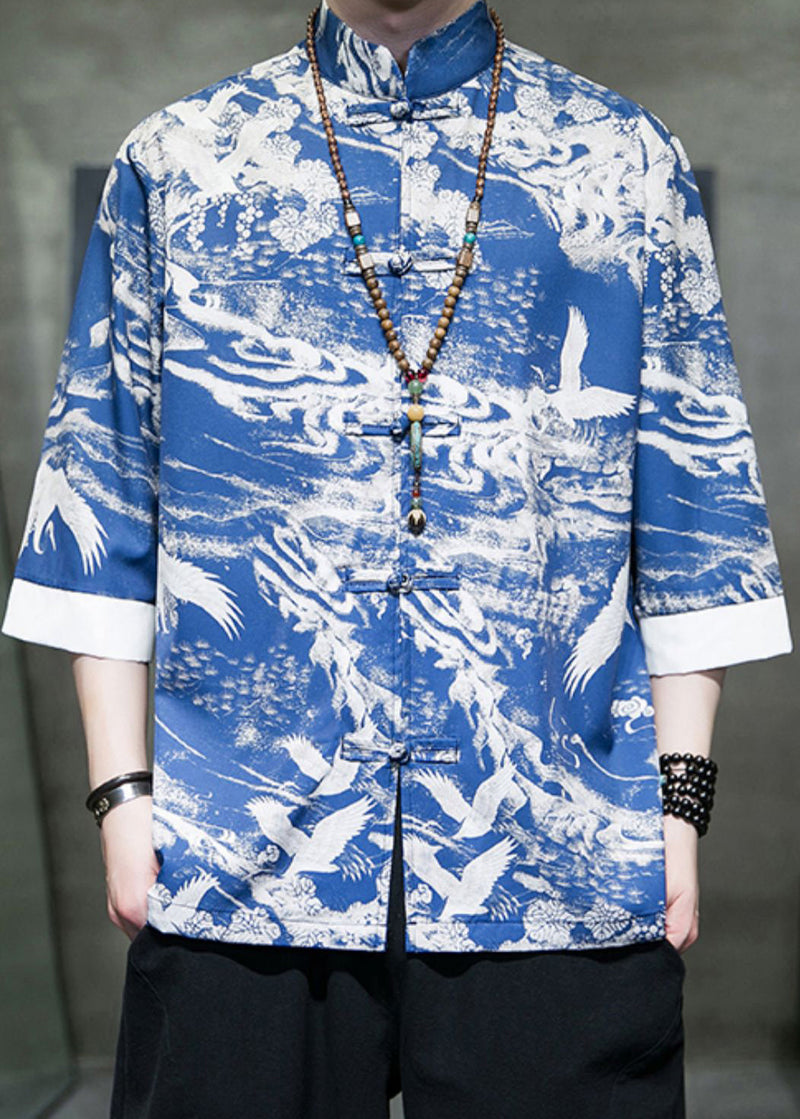 New Blue Stand Collar Print Ice Silk Shirts Bracelet Sleeve