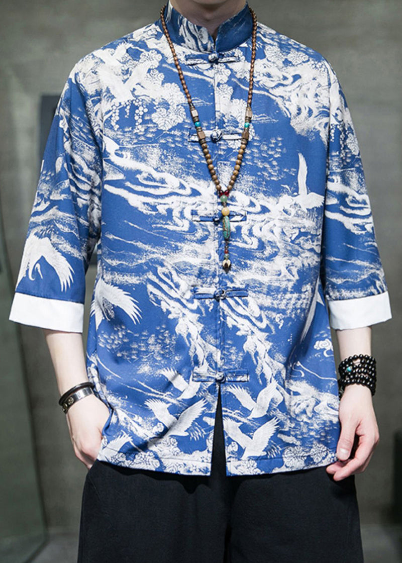 New Blue Stand Collar Print Ice Silk Shirts Bracelet Sleeve