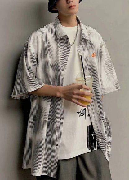 New Blue Striped Button Cotton Shirts Half Sleeve