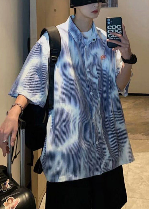New Blue Striped Button Cotton Shirts Half Sleeve