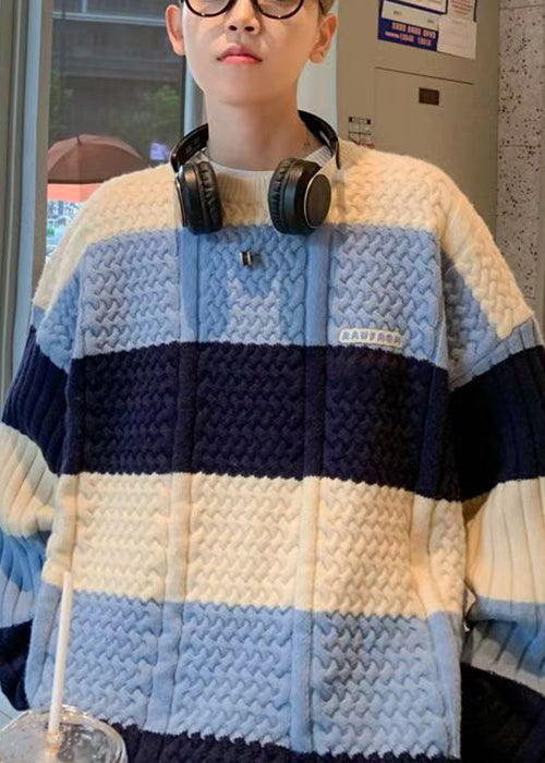 New Blue Striped Cozy Patchwork Knit Sweater Fall
