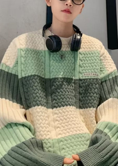 New Blue Striped Cozy Patchwork Knit Sweater Fall
