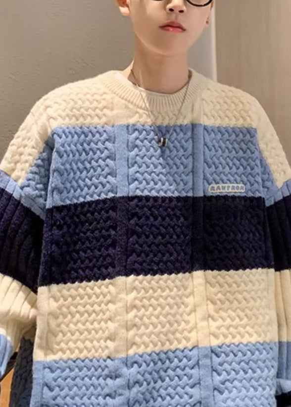 New Blue Striped Cozy Patchwork Knit Sweater Fall