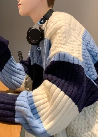New Blue Striped Cozy Patchwork Knit Sweater Fall