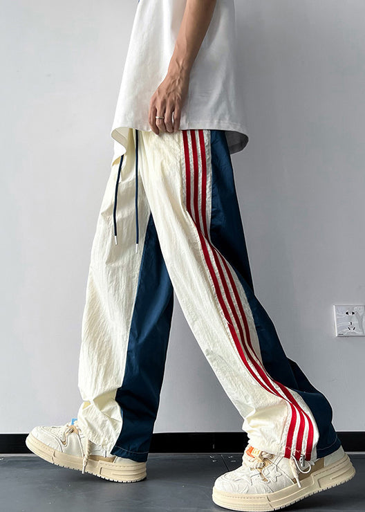 New Blue Striped Drawstring Cotton Pants Summer