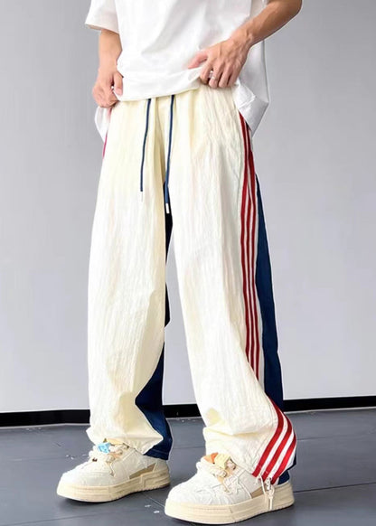 New Blue Striped Drawstring Cotton Pants Summer
