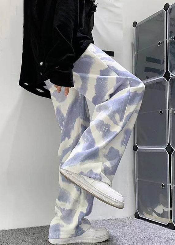 New Blue Tie Dye High Waist Cotton Trousers Fall