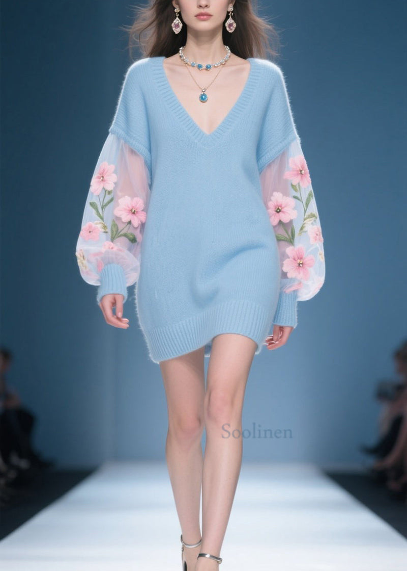 New Blue V Neck Patchwork Knit Sweater Dress Fall